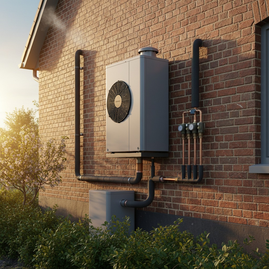 Een warmtepomp gemonteerd aan de bakstenen buitenmuur van een woning, verbonden met leidingen en een buitenunit.